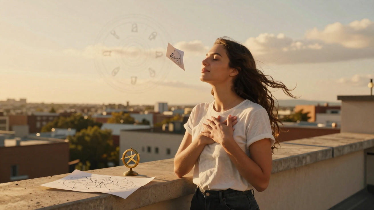 Woman on rooftop with closed eyes, hands on chest, and a paper floating in the air at sunset.
