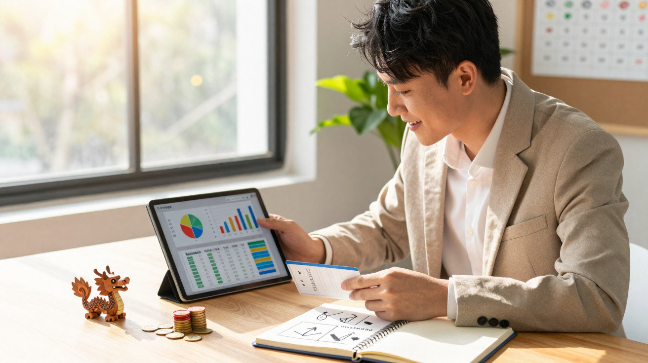 Young man in beige suit analysing graphs on a tablet while holding a smartphone at a wooden desk.