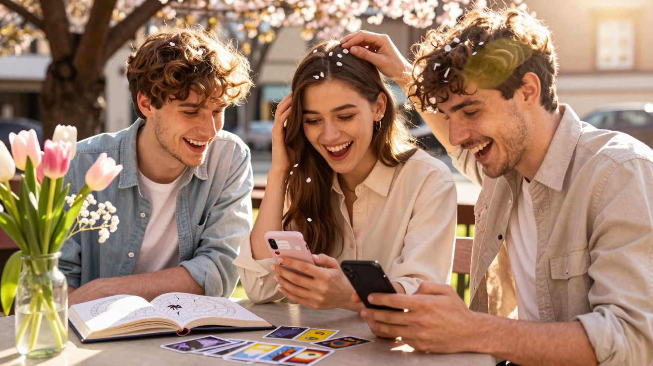 Three friends smiling and using smartphones outdoors with a book and tarot cards on the table.