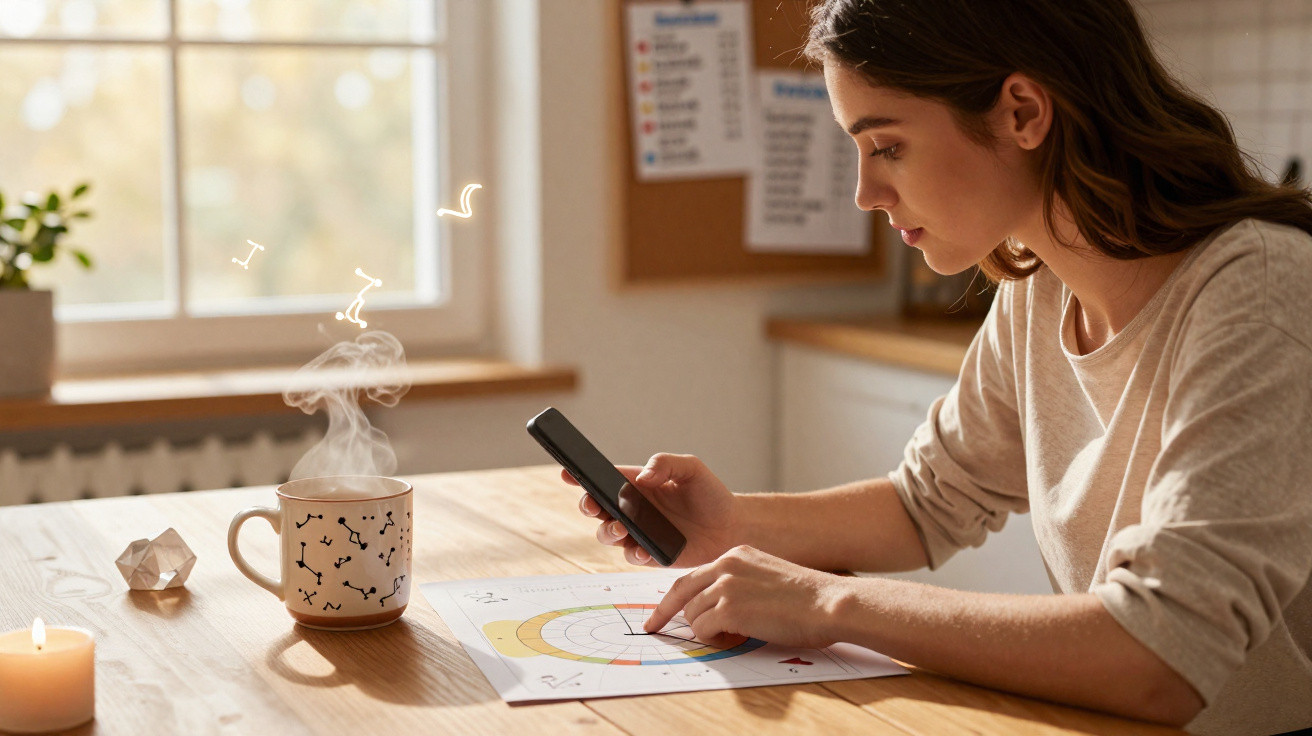 Woman using a smartphone while pointing at a colour chart, beside a steaming mug on a wooden table near a window.