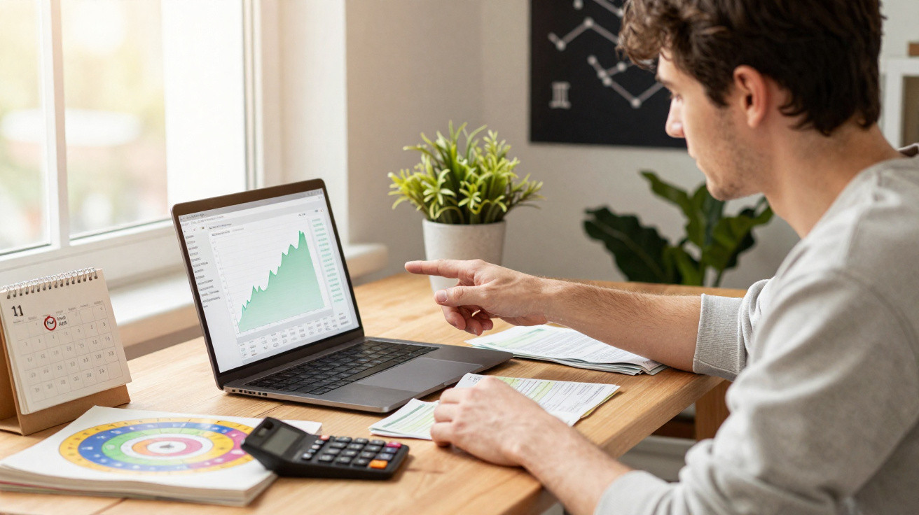 Man analysing rising graph on laptop at desk with calculator and papers in bright home office.
