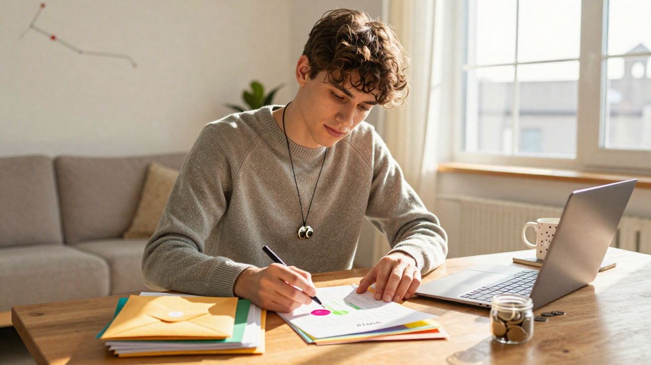 Young man working at a wooden desk with documents, laptop, and a jar of coins near a bright window.
