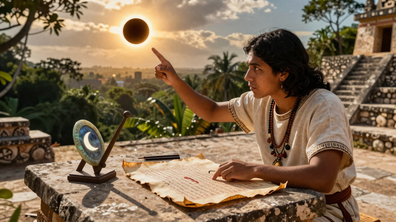 Person in ancient attire studies solar eclipse with parchment and astrolabe on stone table outdoors at sunset.