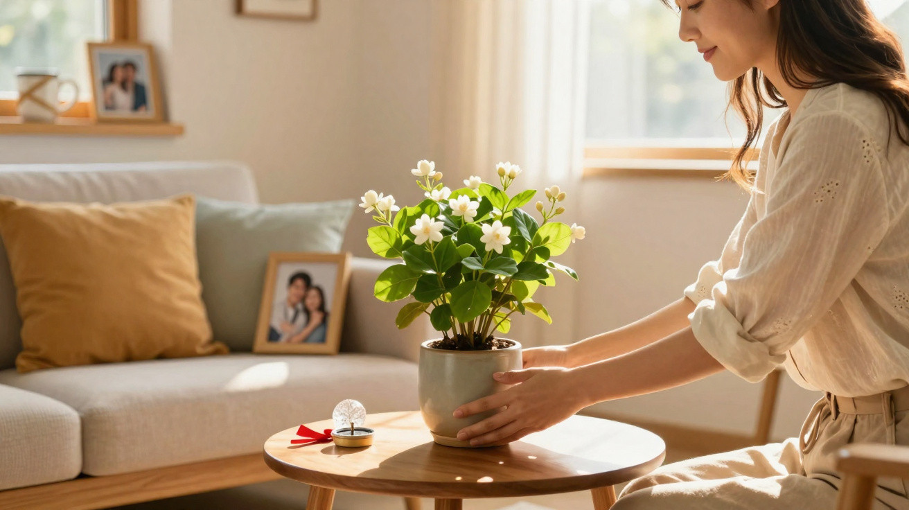 Woman placing a potted plant with white flowers on a wooden table in a sunlit living room.