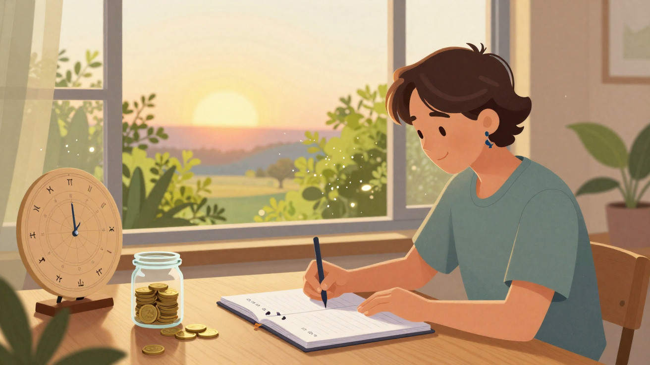 Person writing in a notebook at a desk with a jar of coins and a clock, sunrise visible through the window.