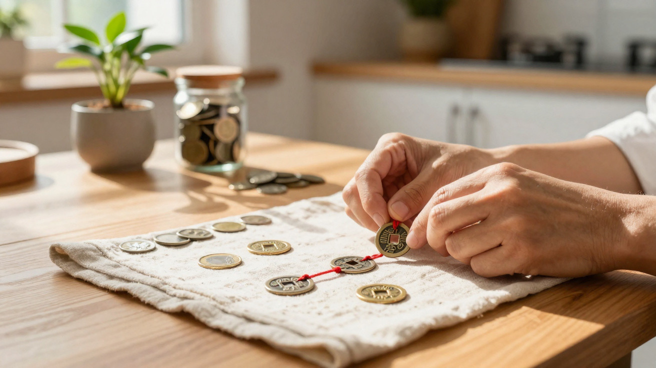 Hands arranging Chinese coins tied with red string on a cloth on a wooden table near a window.