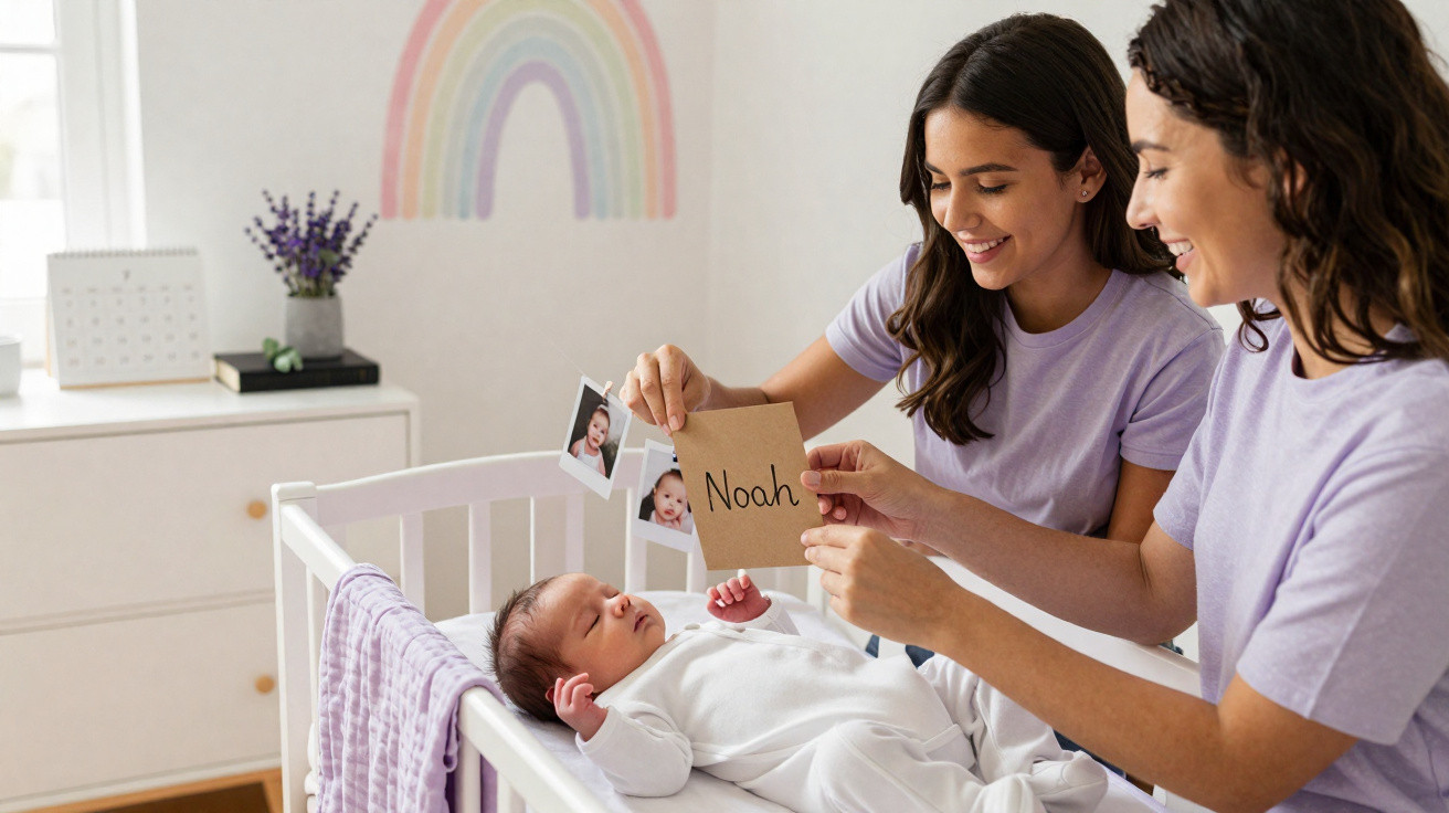 Two women smiling at a sleeping baby in a white crib holding a card with the name Noah in a pastel nursery.