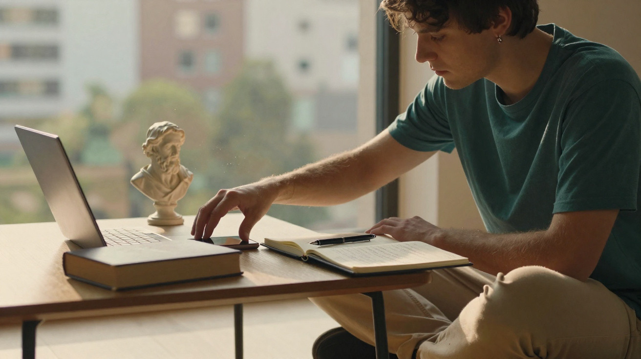Young man in green t-shirt studying with laptop, notebook, and a classical bust on a wooden table by a window
