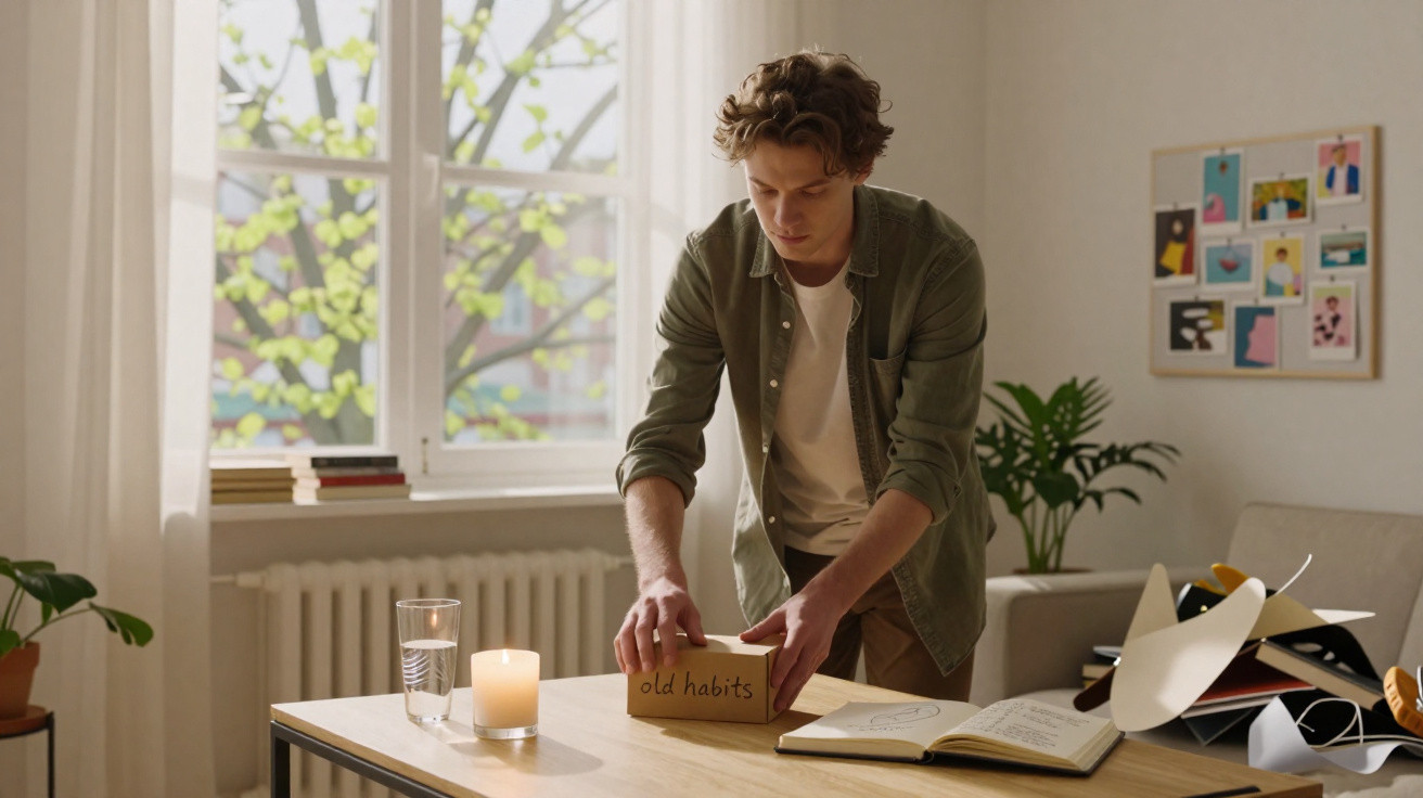 Young man standing at a desk holding a box labelled "old habits" in a bright, cozy room.