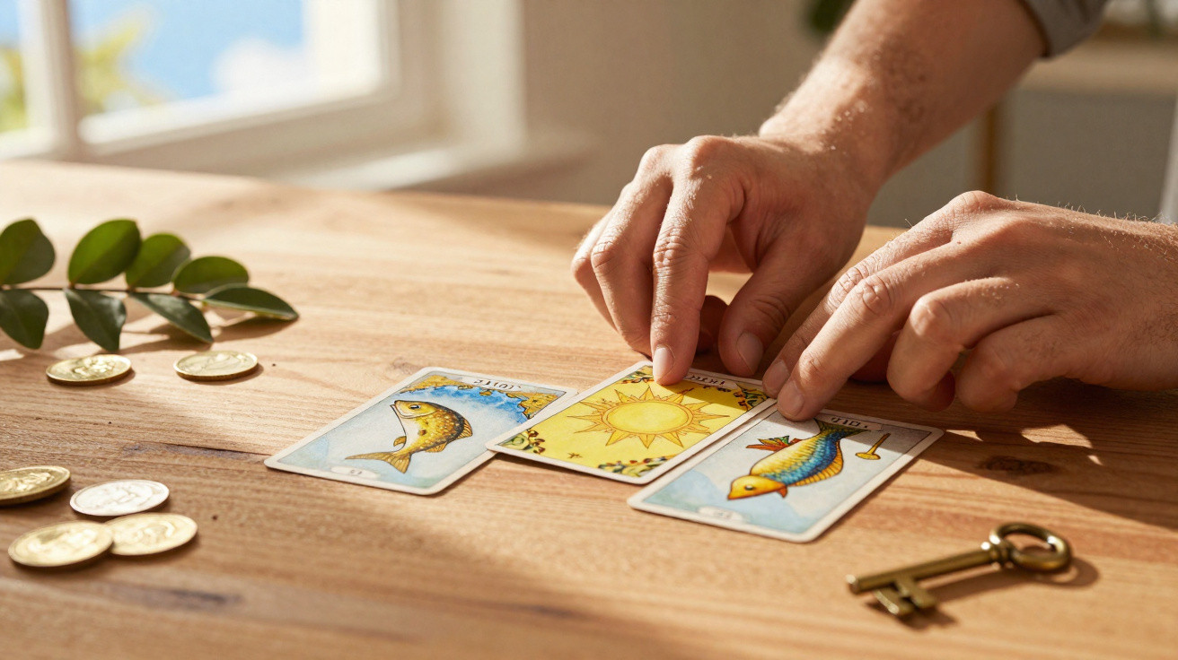 Hands arranging tarot cards showing sun and fish on wooden table with coins, leaves, and key nearby.