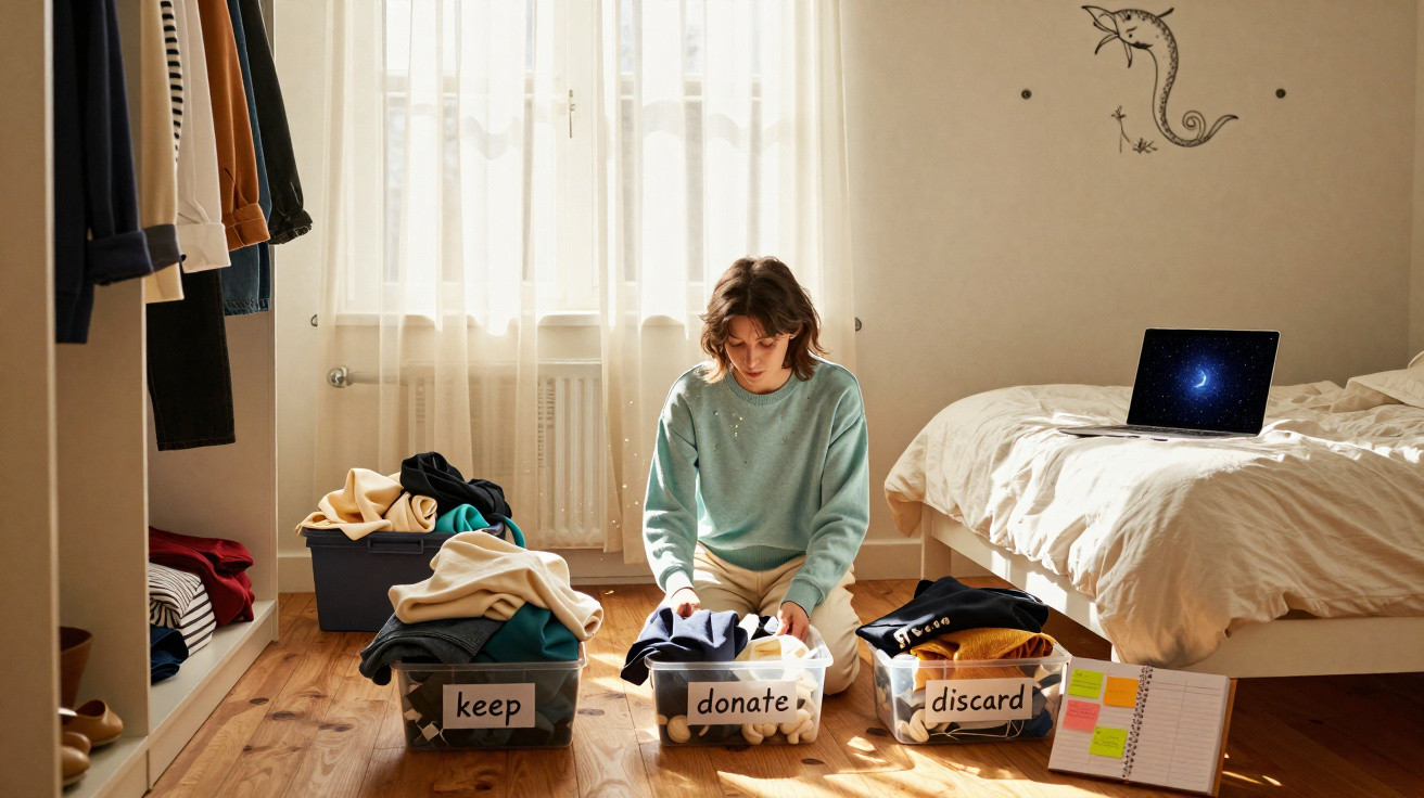 Person organising clothes into labelled boxes: keep, donate, and discard, in a bright bedroom with wooden floor.