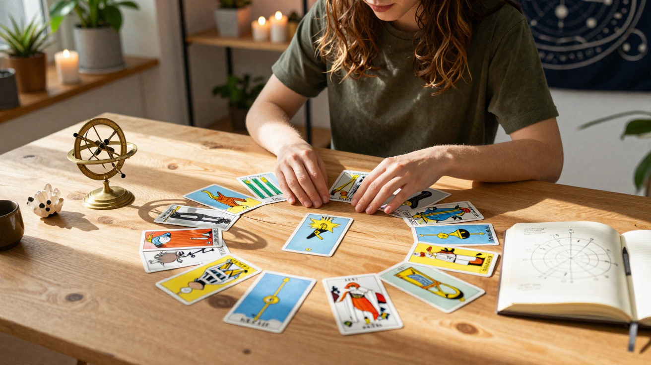 Person arranging a circle of tarot cards on a wooden table with a notebook and astrological chart nearby.