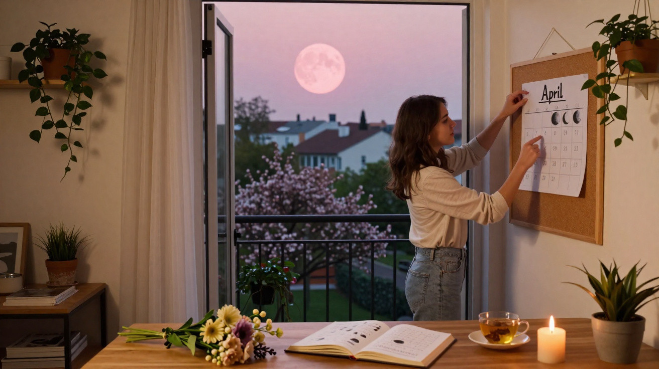 Woman marking an April calendar indoors with an open window showing a full moon and pink blossom trees outside.