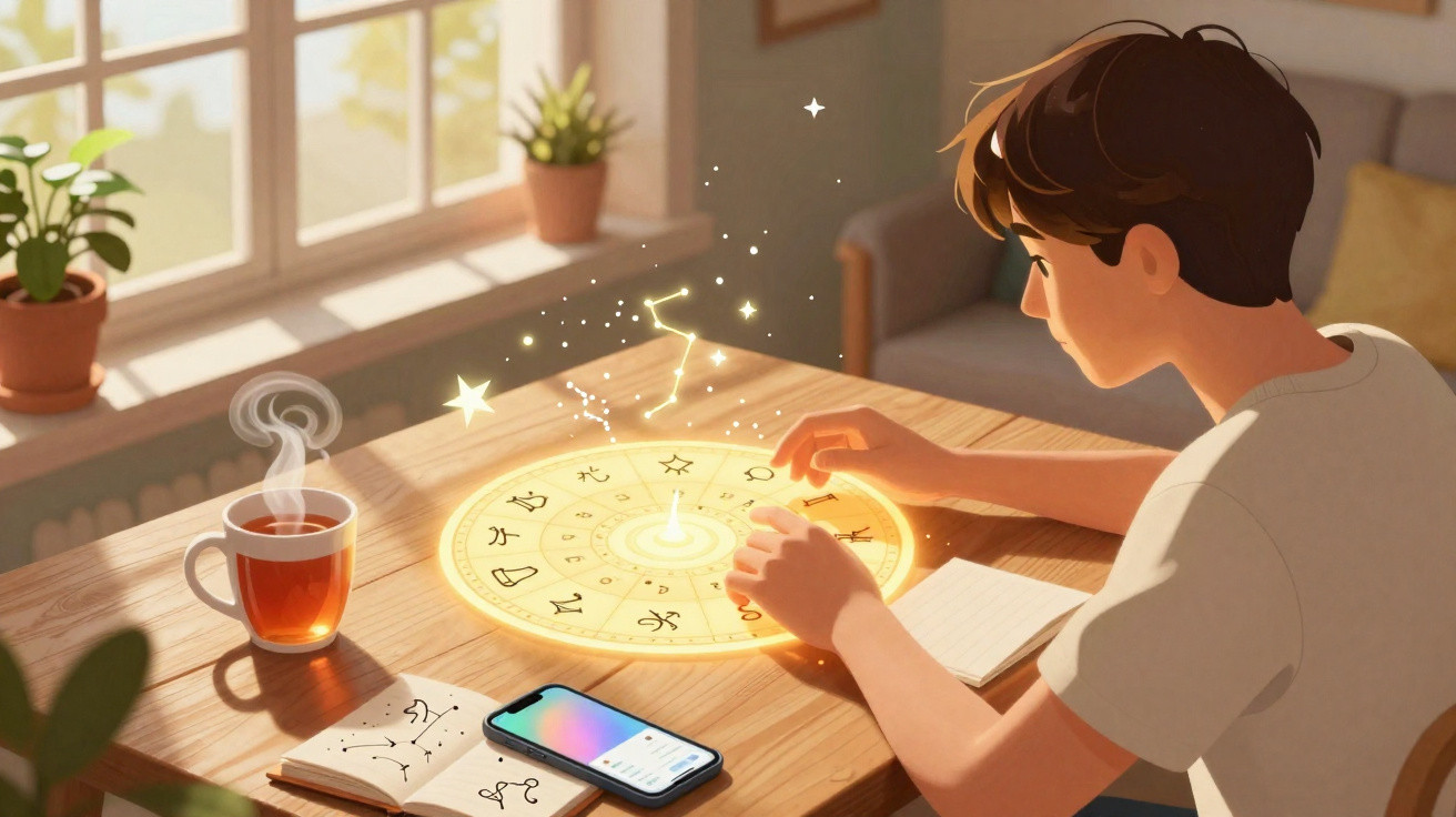 Young person exploring glowing zodiac signs on a wooden table with tea, notebook, and smartphone by a sunny window.
