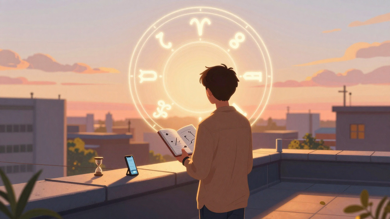 Person on rooftop reading a book as glowing zodiac symbols appear in the sunset sky.