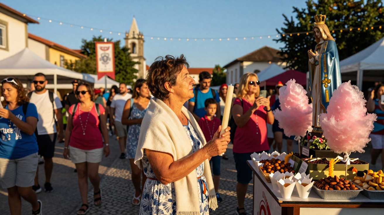 Woman holding candle praying before statue of Virgin Mary at outdoor festival with crowd in background