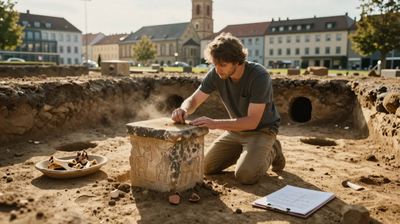 Archaeologist examining and cleaning an ancient carved stone block at a dig site in a city square.