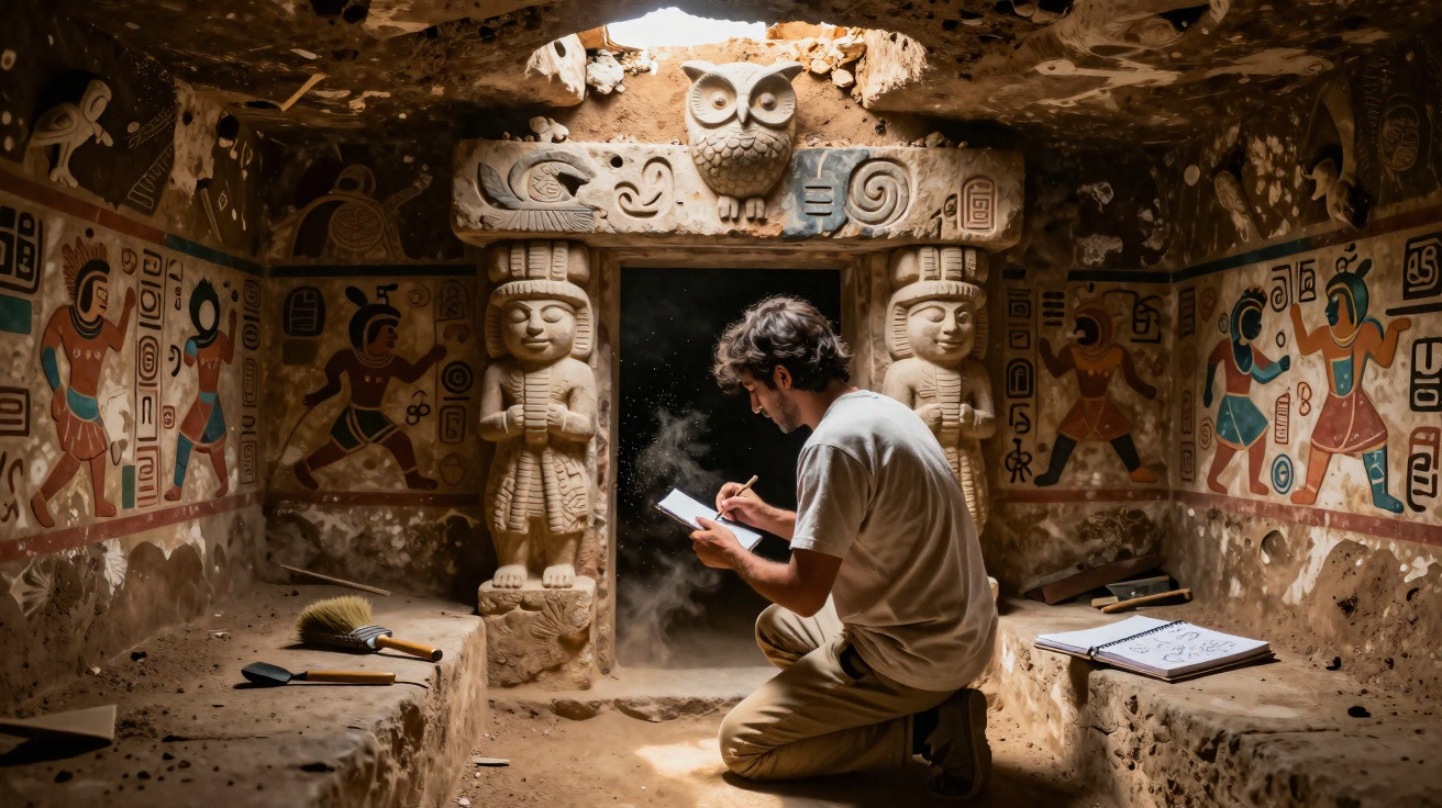 Man kneeling inside decorated ancient temple chamber, sketching notes with sculpted owl above doorway.