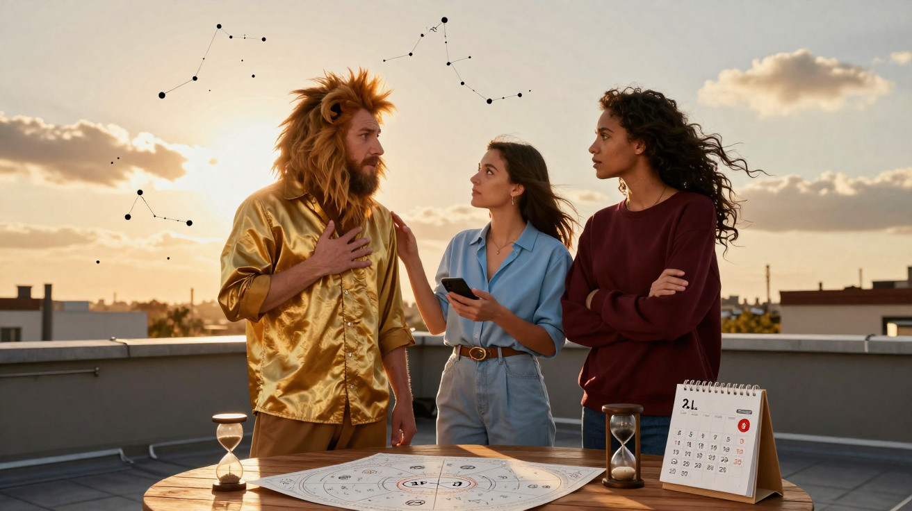 Three people, one in a lion costume, discussing astrology charts on a rooftop at sunset.