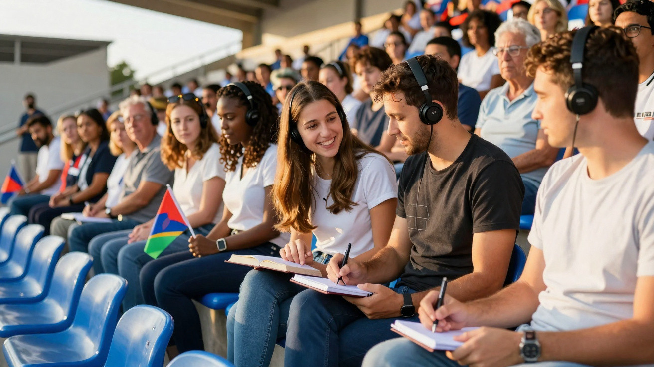 A diverse group of people sitting in stadium seats wearing headphones and taking notes, some holding flags.