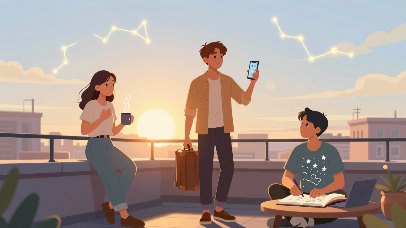 Three young people on a rooftop at sunset, one holding a coffee, one with suitcase and phone, and one studying with laptop.