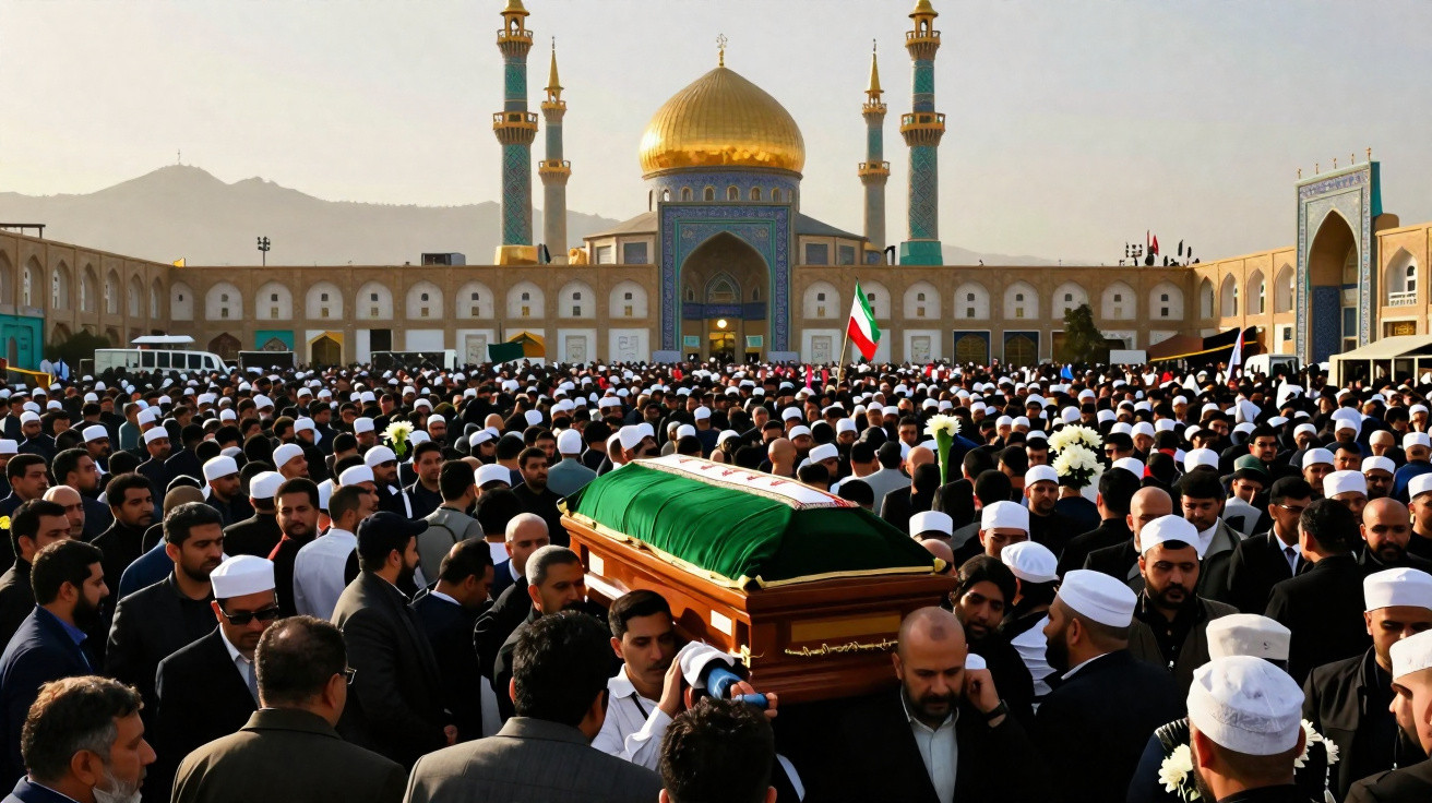 Large crowd gathers at a mosque with a golden dome to carry a coffin draped in green and white cloth.