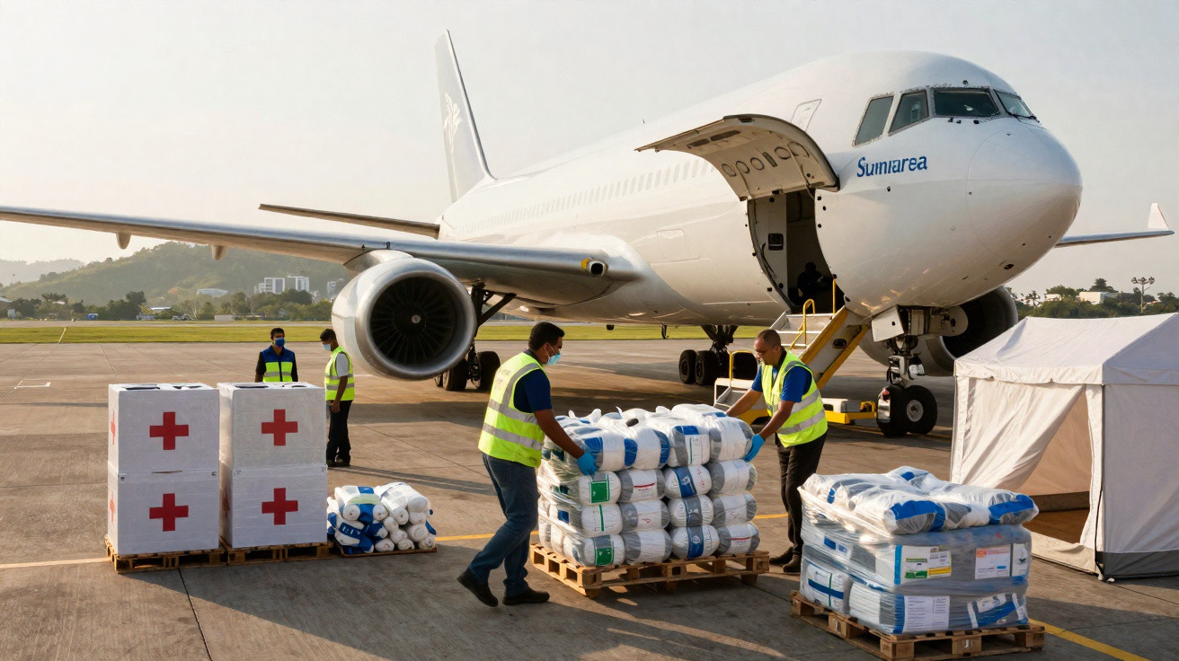 Workers in high-visibility vests unload pallets of medical supplies from a white Sumaria cargo plane on a runway.