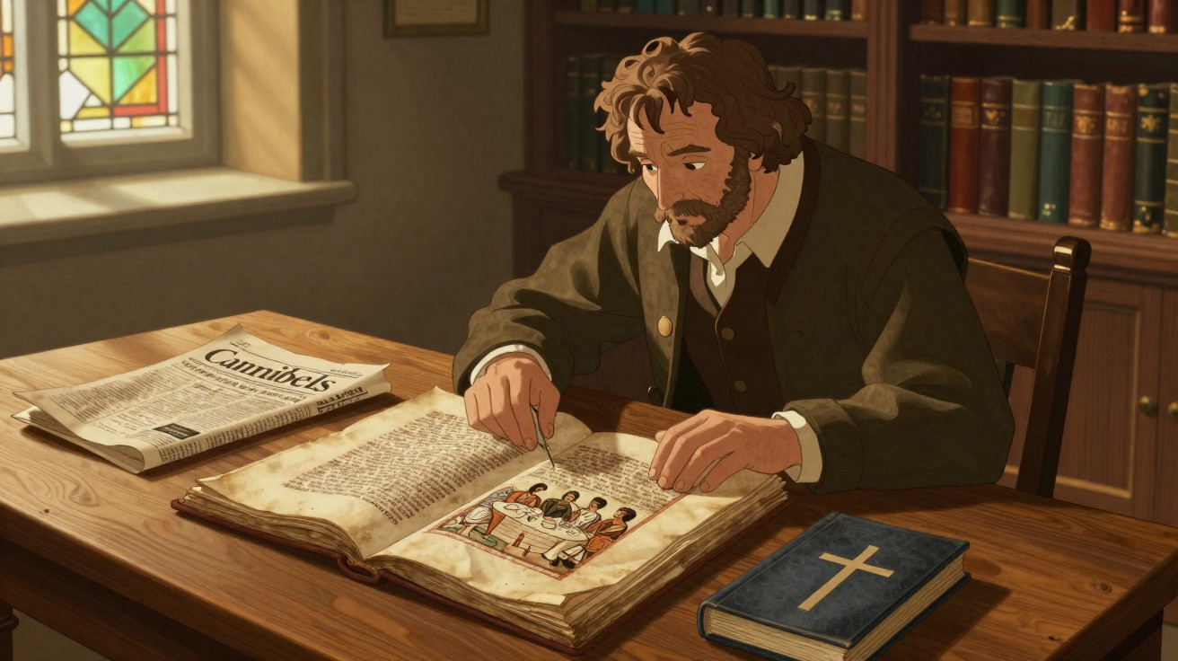 Man with beard studying an illuminated manuscript at a wooden table in a library with books and newspaper.