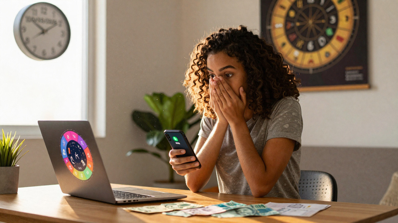 Young woman with curly hair looking shocked at phone while sitting at table with laptop and scattered money