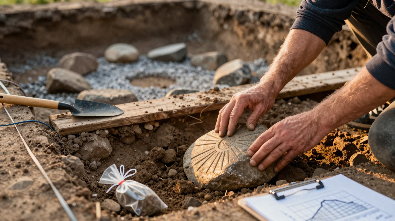 Archaeologist carefully placing an ancient carved stone in an excavation site with tools nearby.