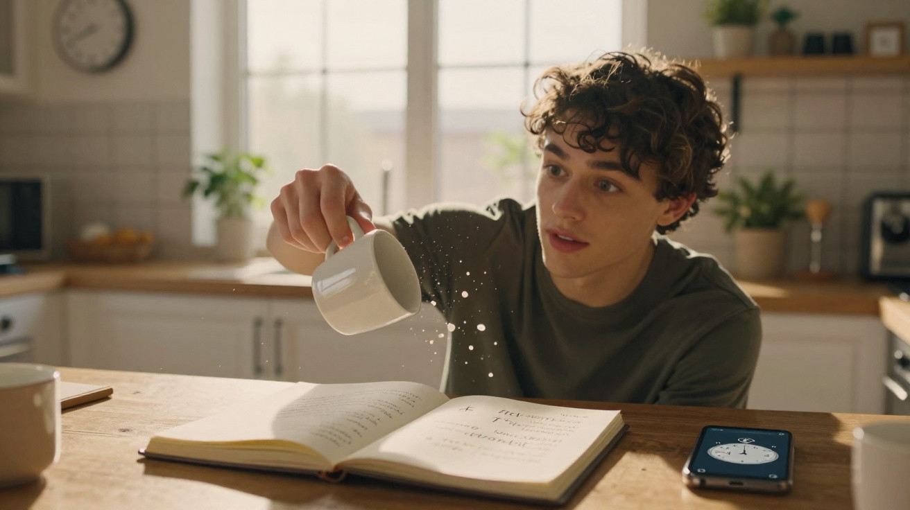Young man sprinkling sugar or salt over an open notebook at a kitchen table with a smartphone nearby.