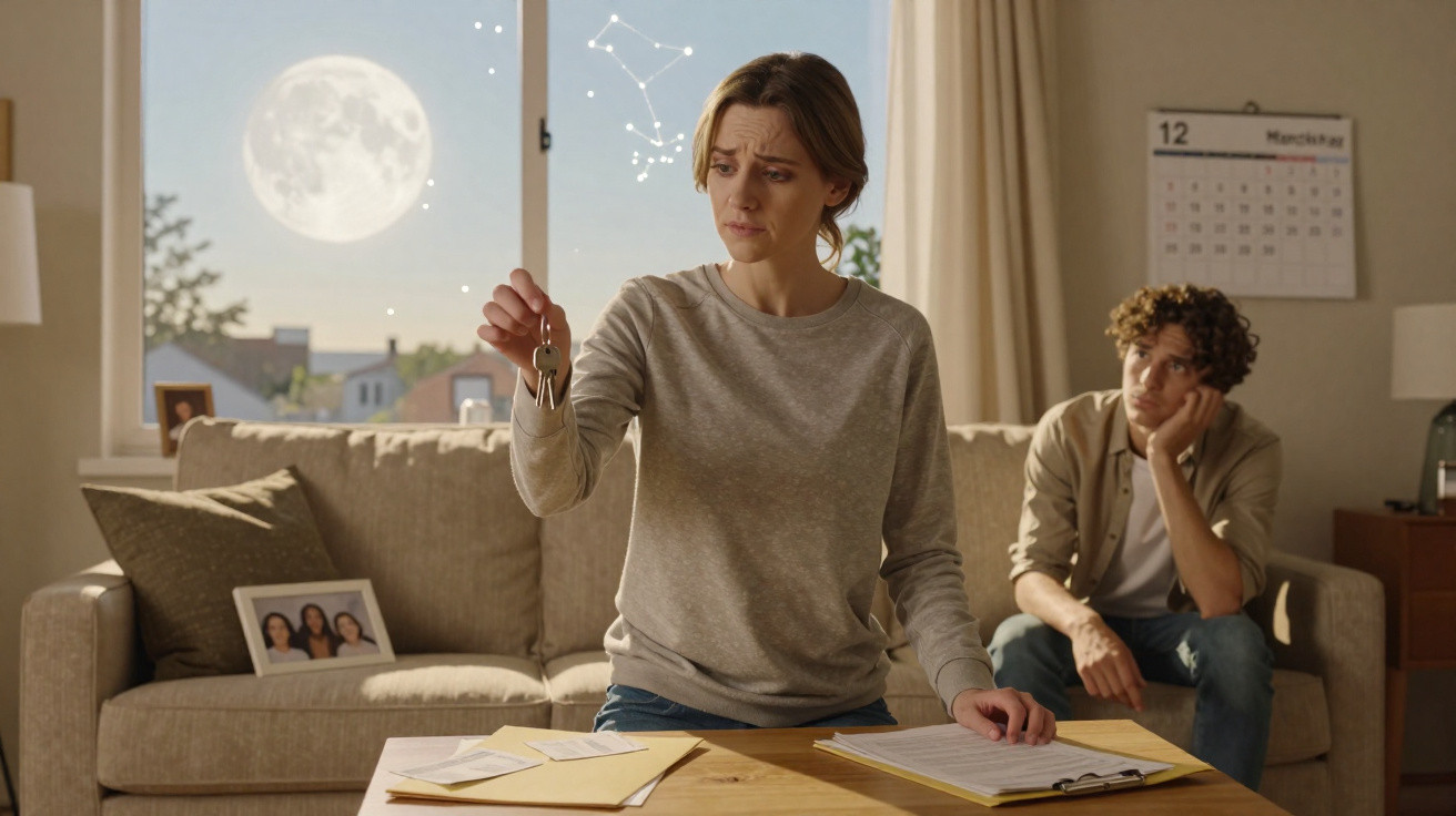 Worried woman holding keys at a table with documents, man sitting on sofa looking concerned, full moon outside.