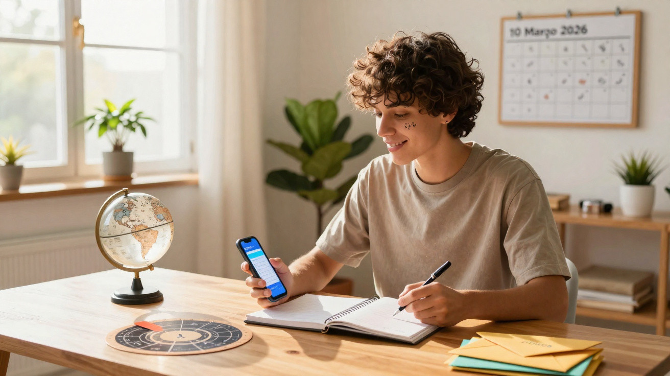 Young person sitting at a desk, using a smartphone and writing in a notebook with a globe and calendar nearby.