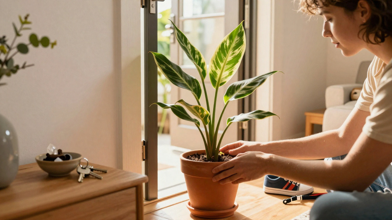Person placing a green variegated potted plant near an open door in a sunlit room.