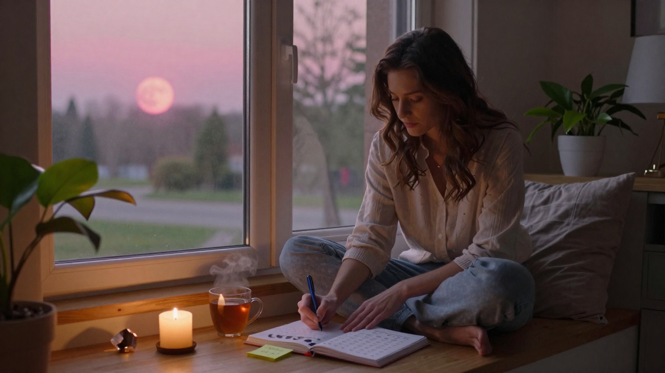Woman writing in a journal by a window at sunset with a lit candle and steaming cup of tea nearby.