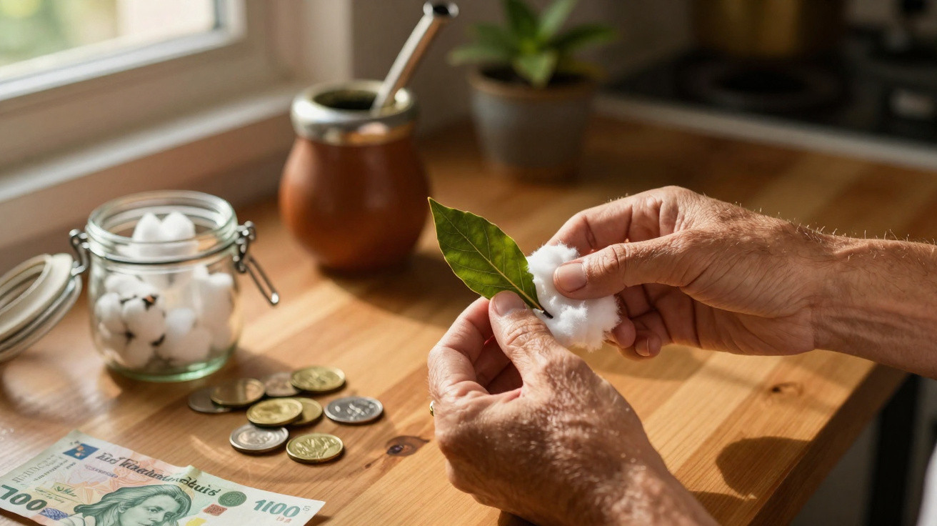 Hands holding a cotton boll and leaf over a wooden table with coins, banknotes, and a jar of cotton boll.