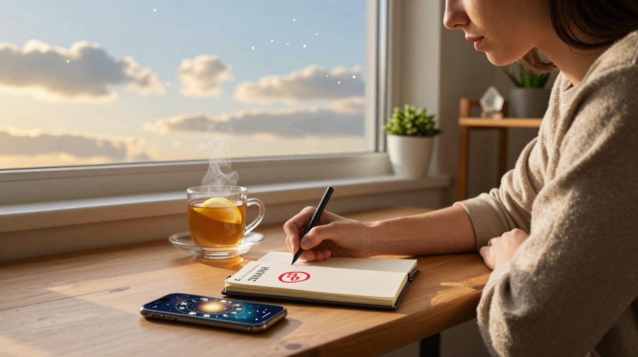 Woman writing in a notebook on a wooden desk by a window with a steaming cup of tea and a phone nearby.