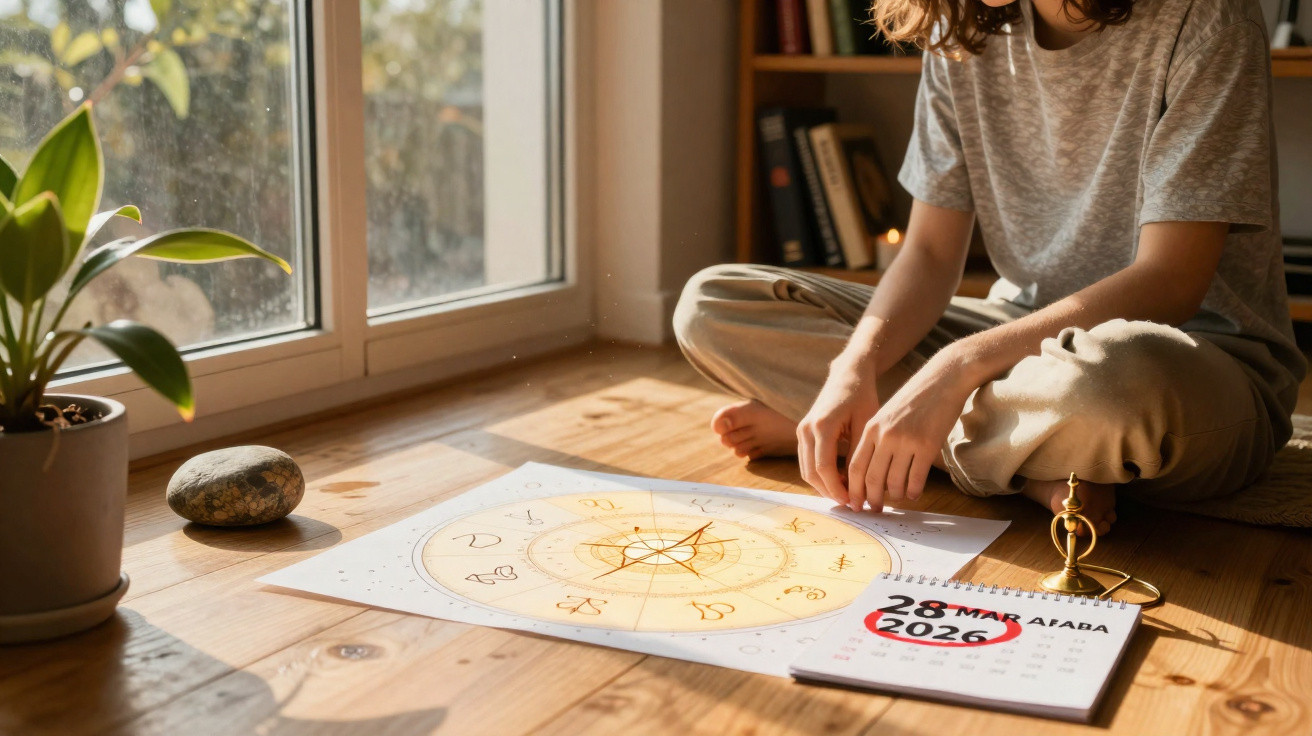 Person sitting on wooden floor by window examining an astrology chart and calendar date circled.