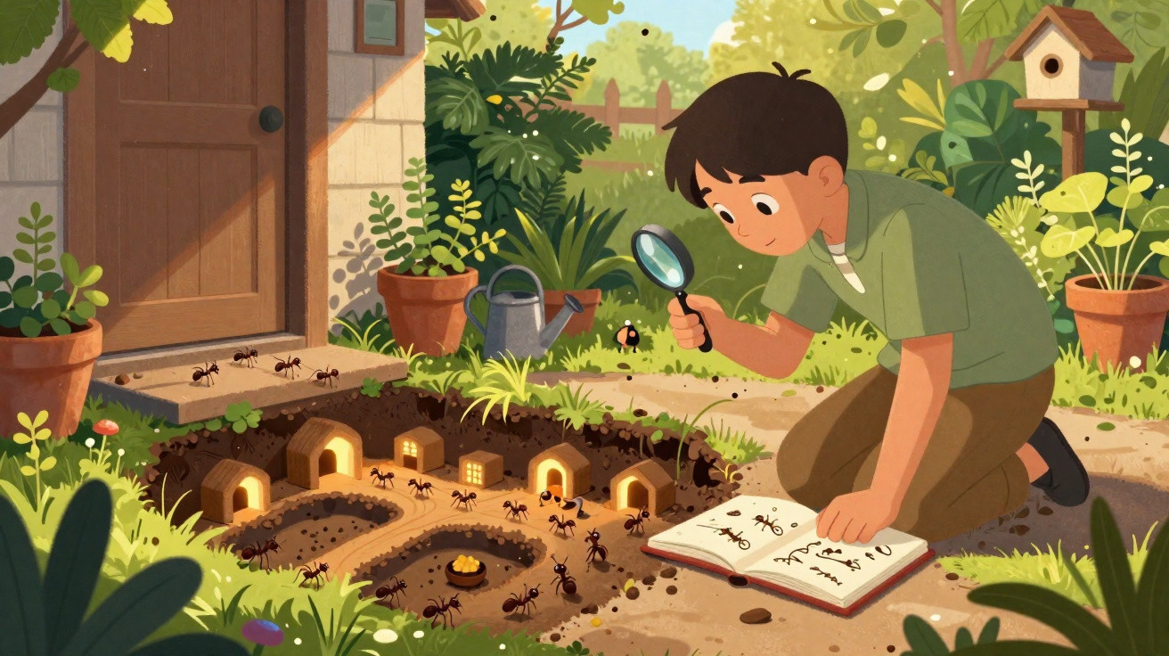A boy kneels in a garden observing an ant colony with a magnifying glass and a sketchbook.