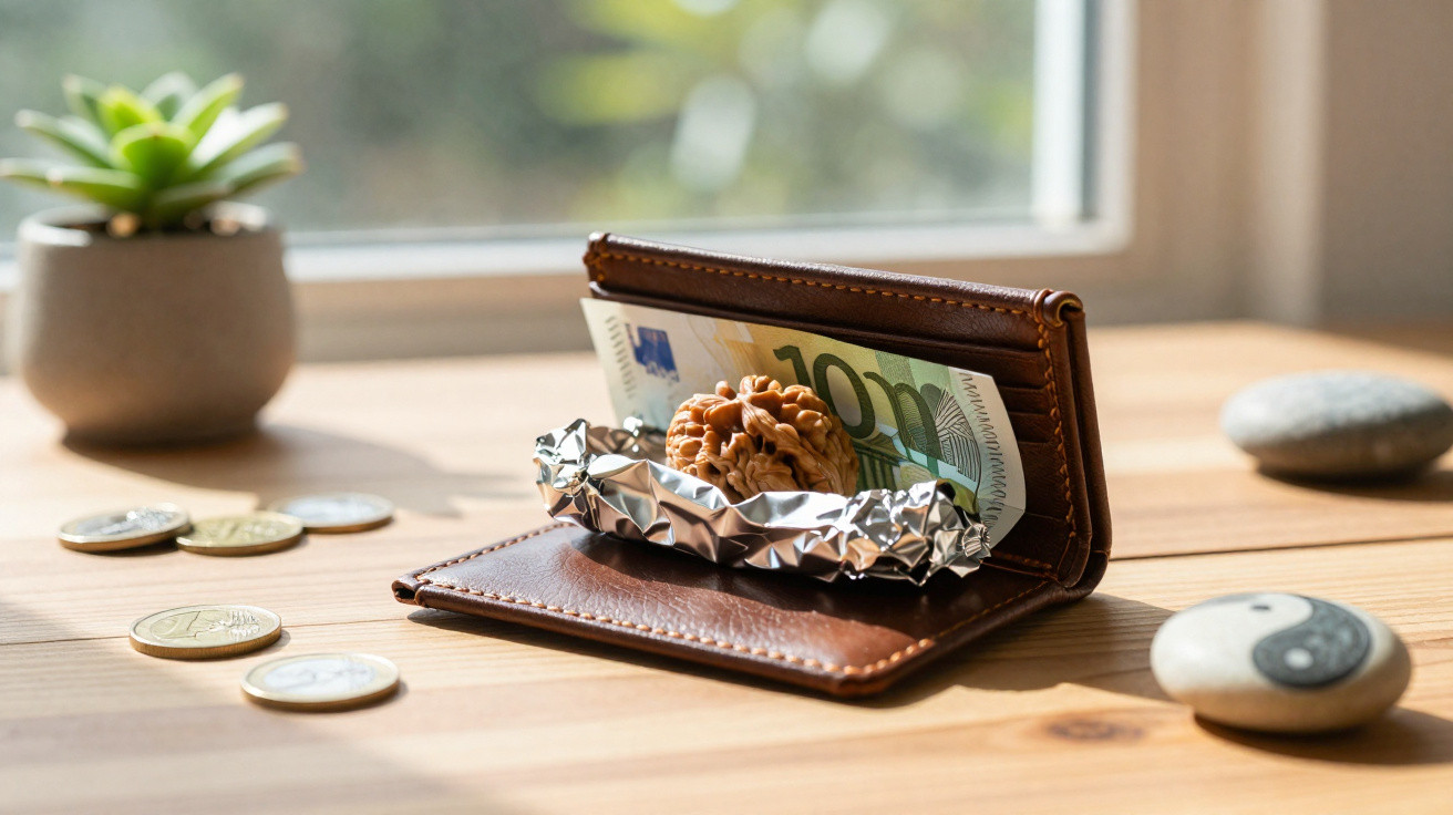 Brown leather wallet with 100 euro note, walnuts wrapped in foil, coins, and small decorative stones on wooden table.