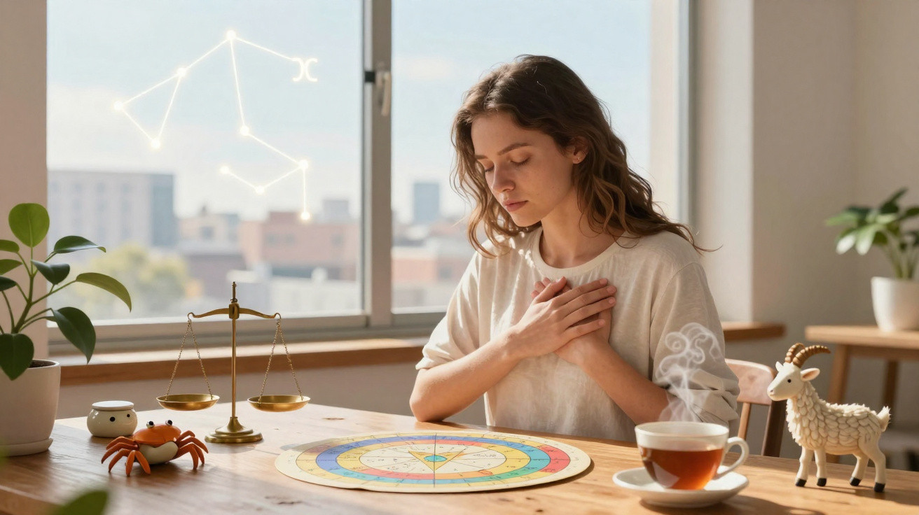 Woman meditating with hands on chest at table with astrology chart, zodiac scale, tea, and decorative figurines.