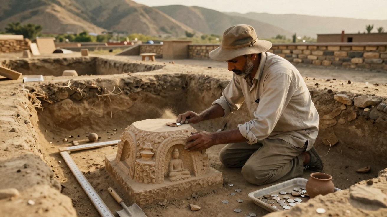 Archaeologist carefully brushing dust off a carved stone relic at an excavation site with hills in the background.