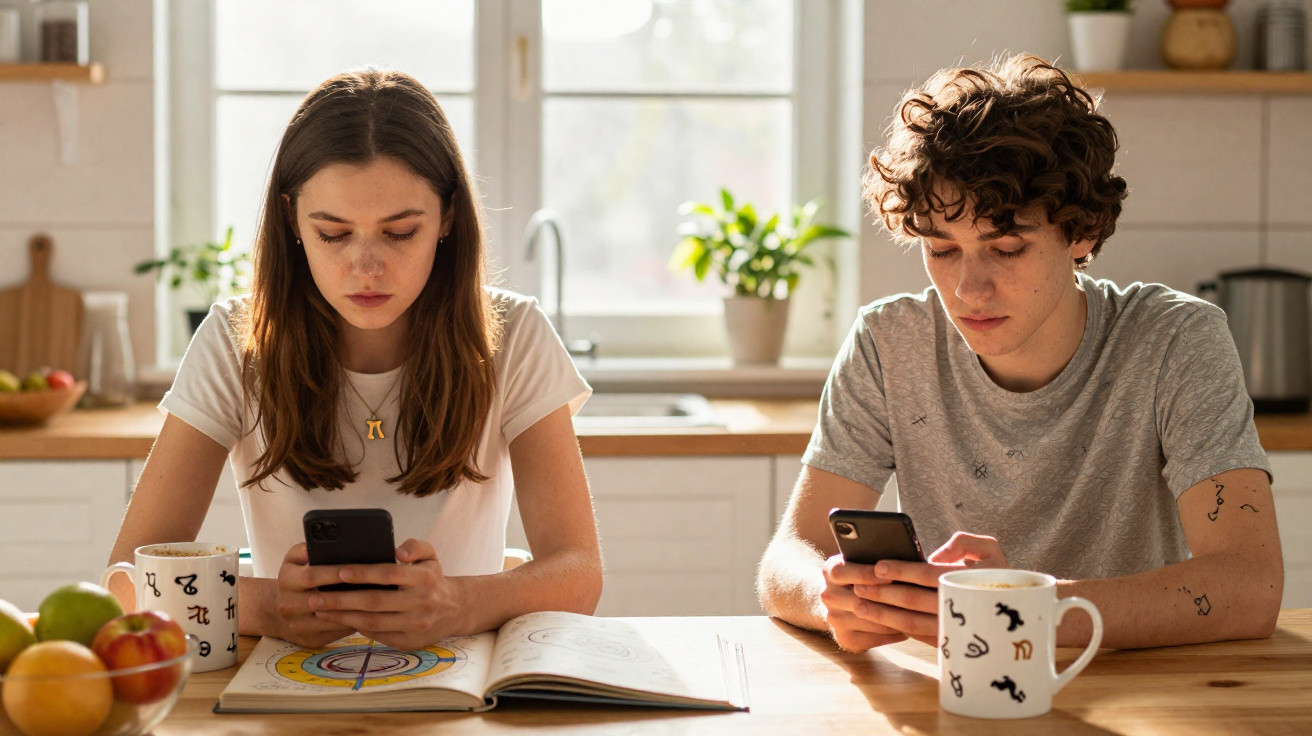 Teen boy and girl sitting at kitchen table using smartphones with open book and mugs in front of them.