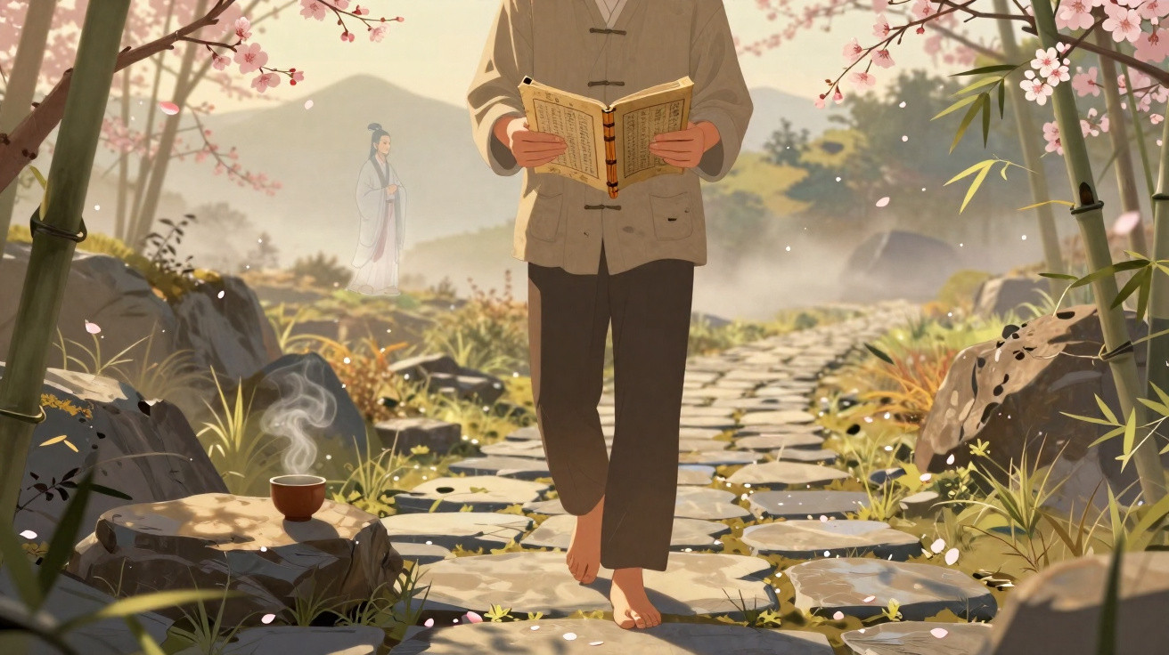 Barefoot person reading a book while walking on a stone path surrounded by cherry blossoms and bamboo.
