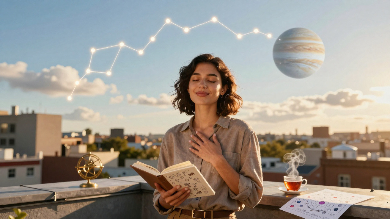 Woman standing on rooftop reading a book with constellation and planet Jupiter illustrations above her.