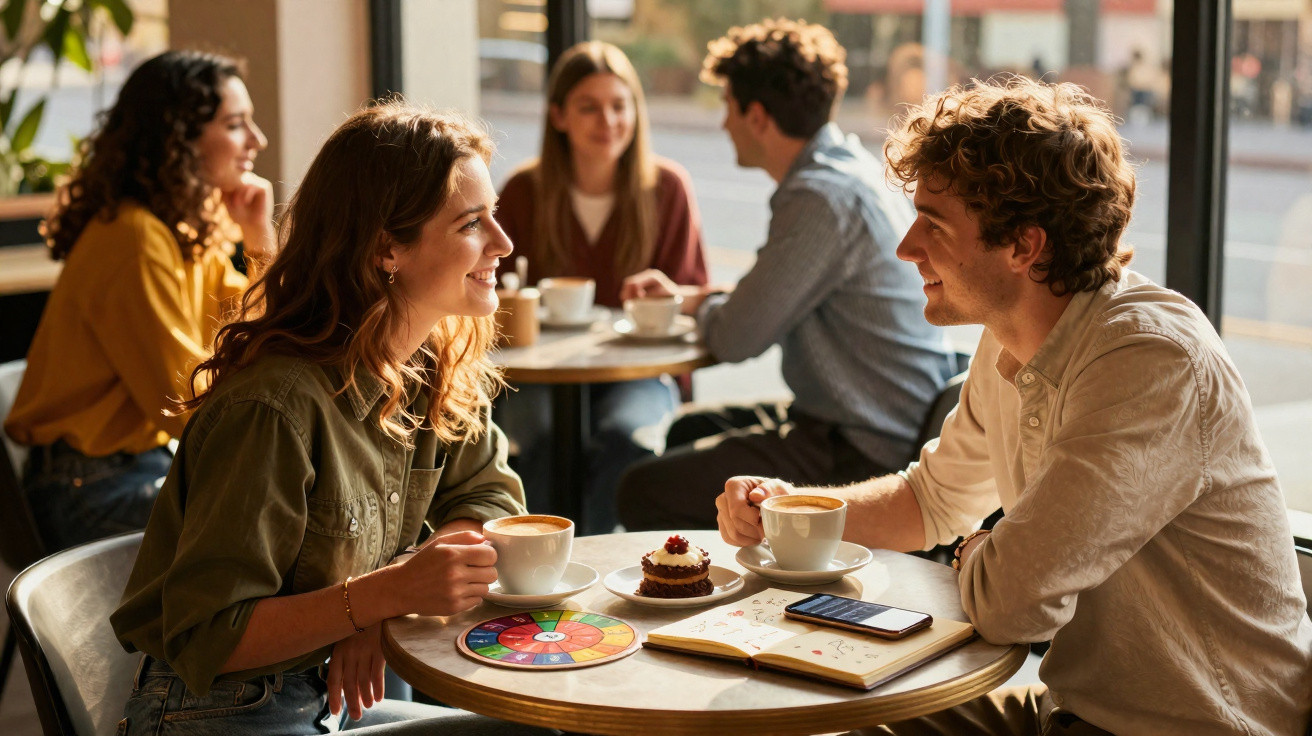 Two young adults smiling and chatting over coffee and dessert in a café with another couple in the background.