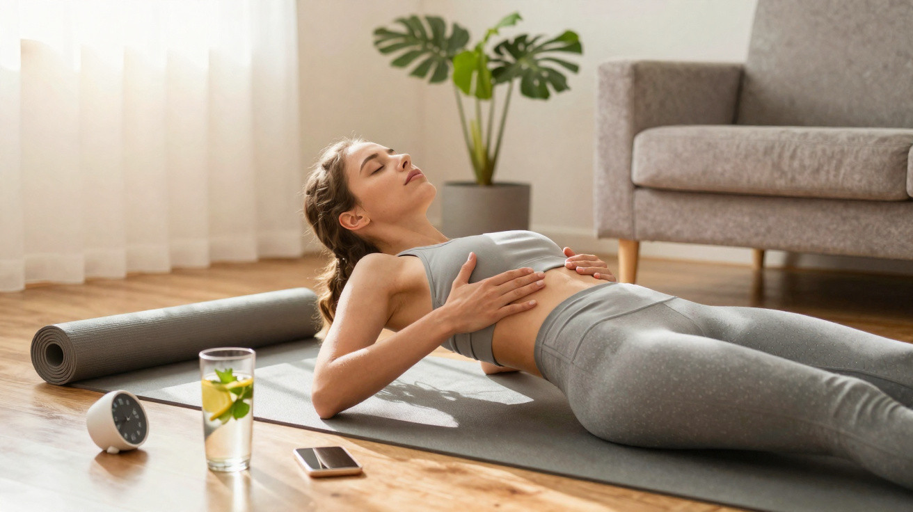 Woman doing abdominal exercises lying on a yoga mat in a bright living room with a drink, phone, and clock nearby.