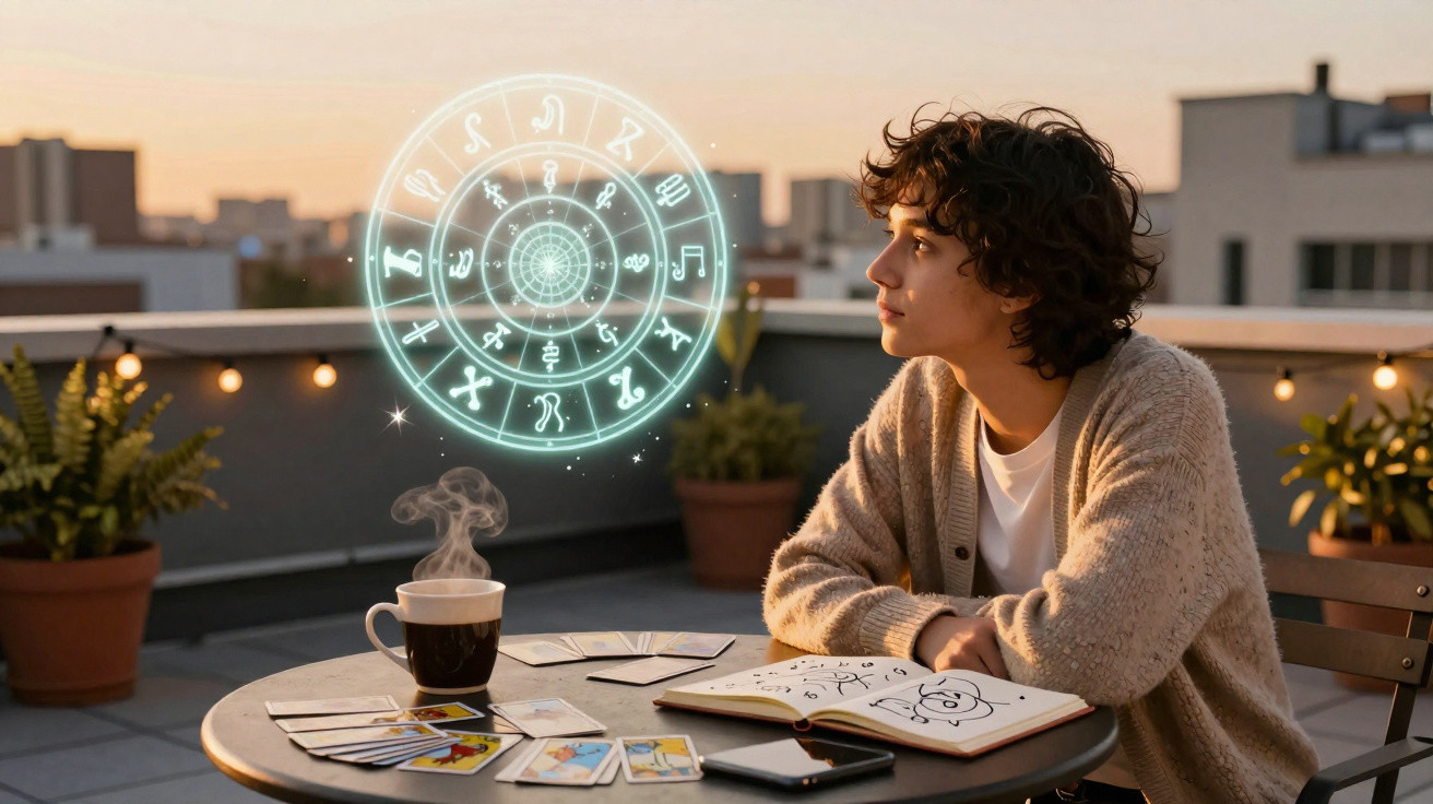 Person on rooftop at sunset with tarot cards, notebook, steaming coffee, and glowing astrology chart projection.