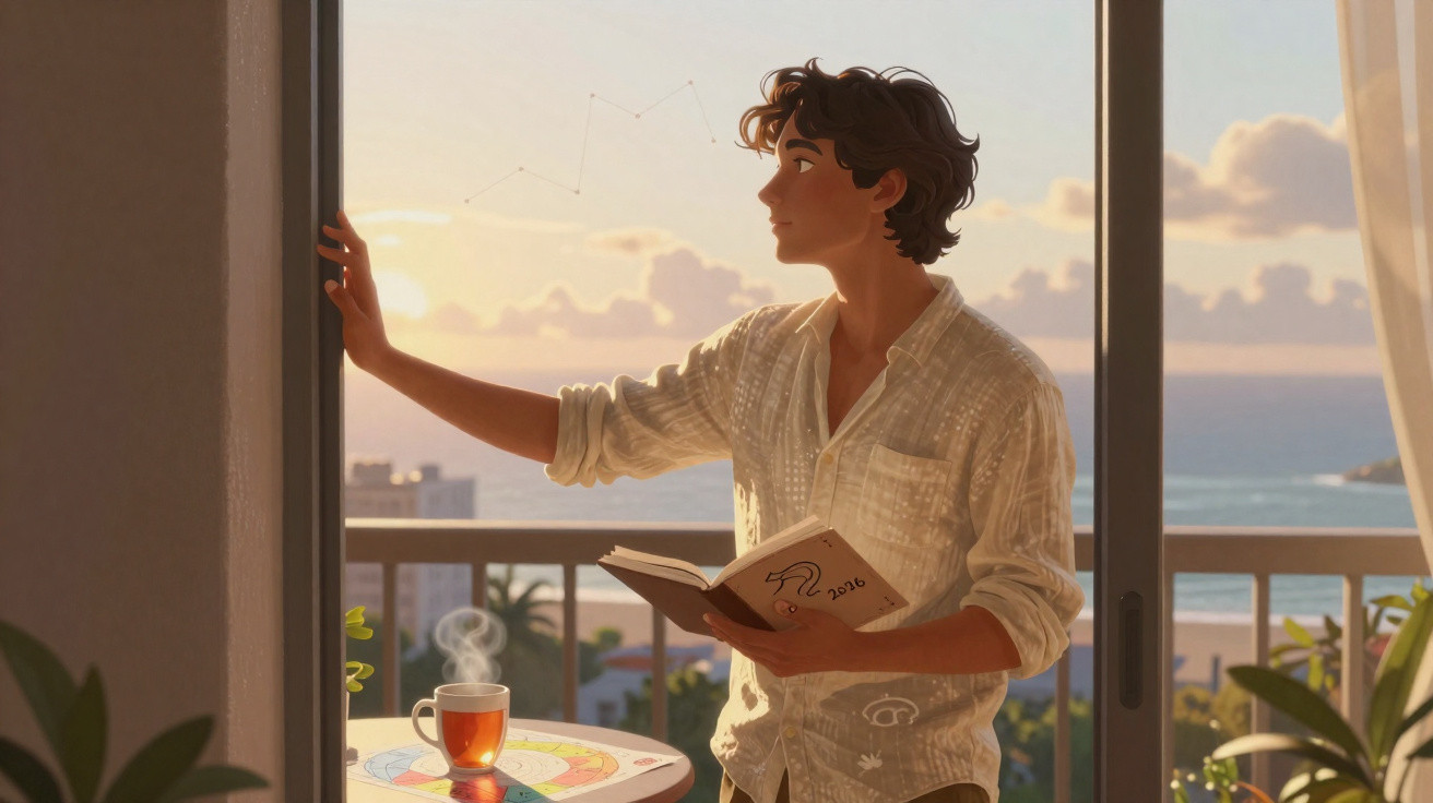 Young man in a light shirt holding a book, looking at constellations outside on a balcony at sunset.