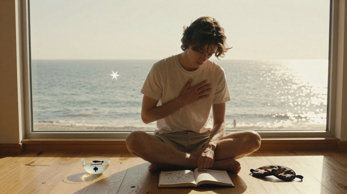 Young man sitting cross-legged on wooden floor, reading a book by a large window overlooking the sea.